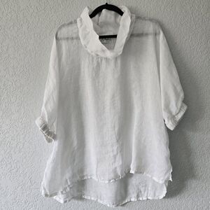 Pepitos L White Linen Laggenlook Cowl Neck‎ Blouse Top